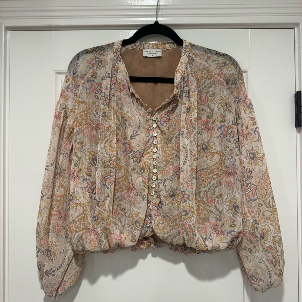 Dress Forum Cream Paisley Button-Front Blouse with Muted Pink and Gold Accents